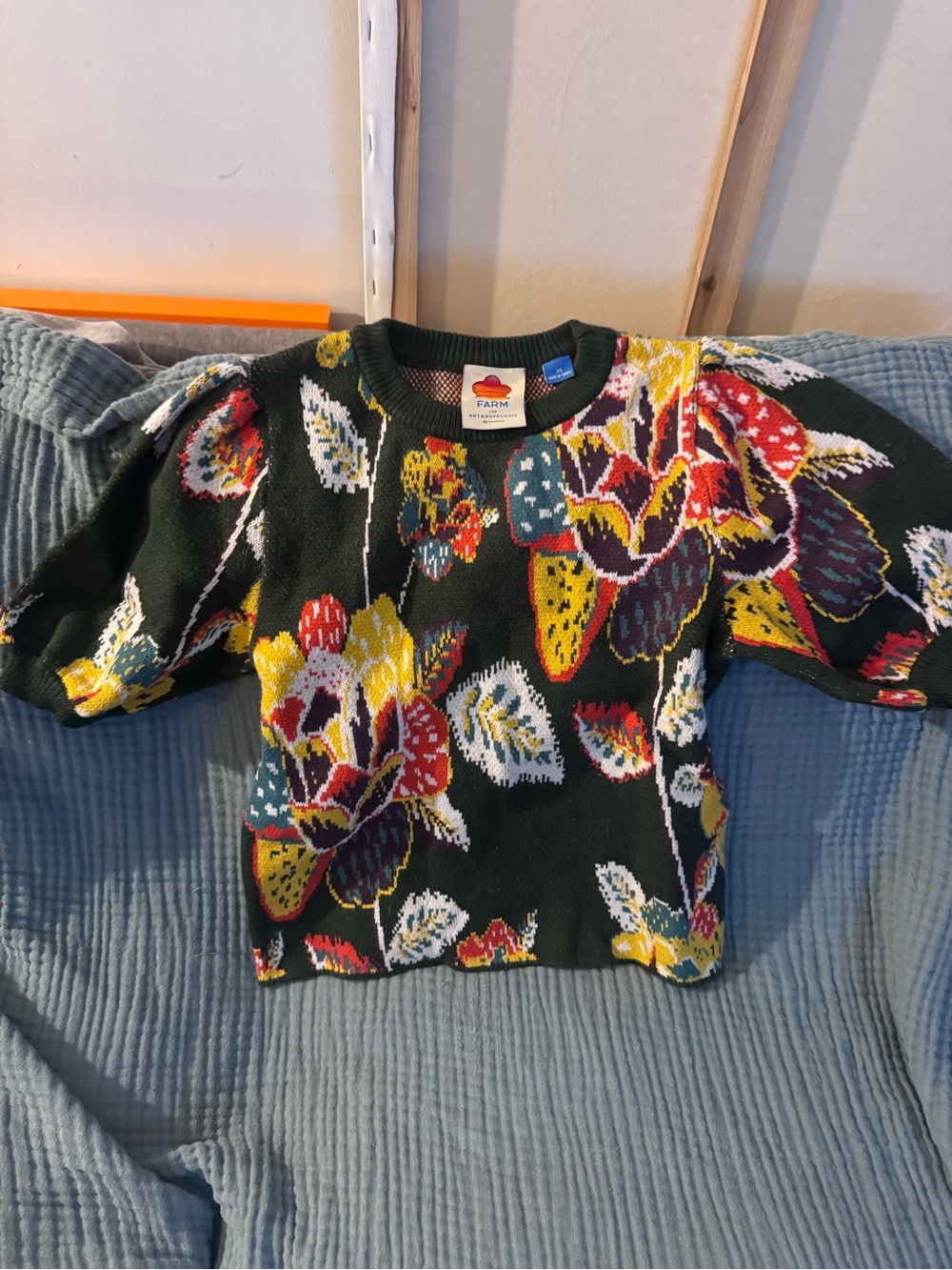 FARM Rio Dark Green Floral Knit Sweater with Yellow & Red Accents